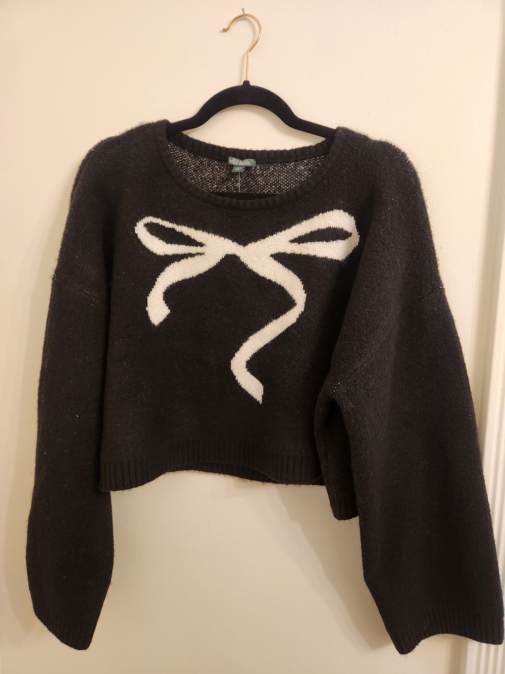 wild fable Black Crewneck Sweater with White Bow